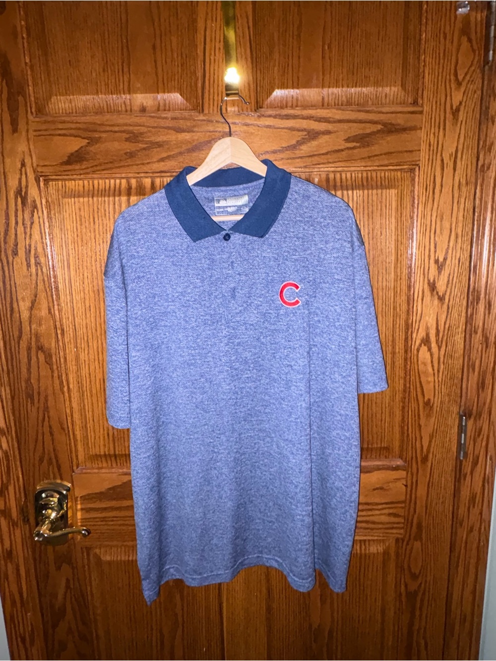 Men's Cubs Heather Blue Polo with Navy Collar